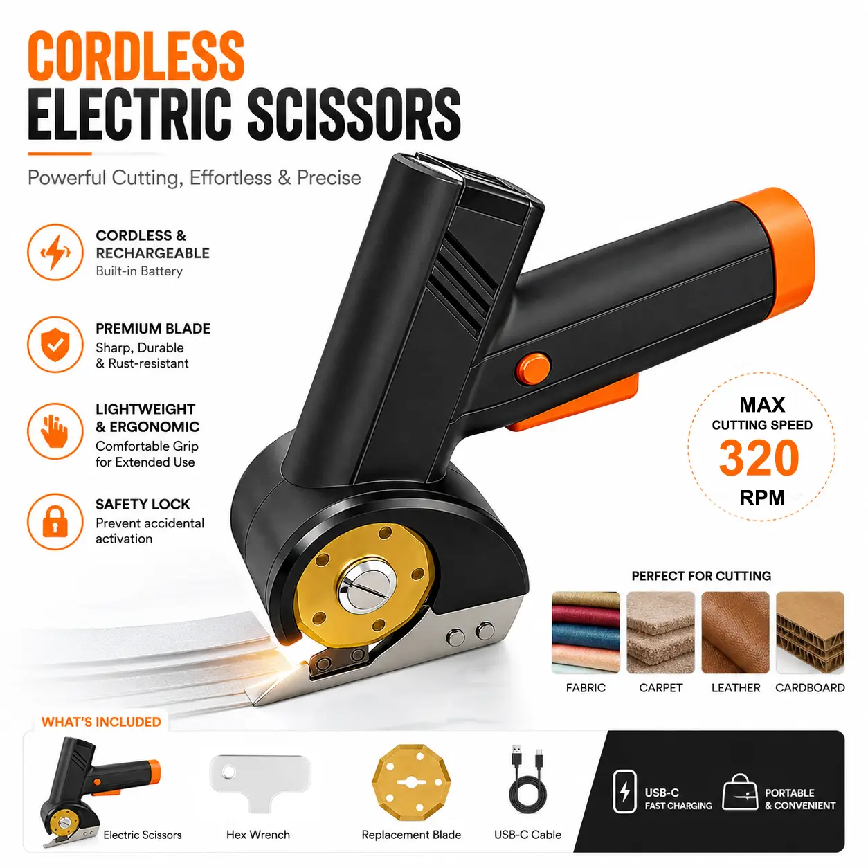 【Summer Sale】Cordless Electric Scissors, Compact USB-C Fast Charging Rechargeable Cutter with LED Display, LED Light, 4-Speed Settings, Safety Lock, Replacement Blade, Max 295rpm, Ideal for Seniors & Cutting Tasks (Cardboard Crafts, Upholstery)
