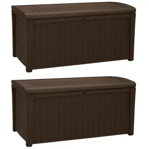 Keter Borneo 110 Gallon Rattan Resin Patio Storage Deck Box and Bench (2 Pack)
