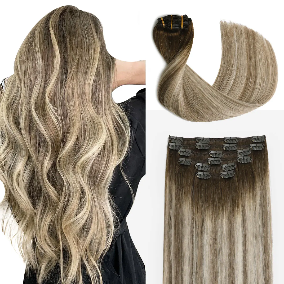 Sindra Clip in Hair Extensions Real Human Hair 14 Inch to 22 Inch 6pcs/pack 100g 120g Jet Black to Platinum Blonde Balayage Ombre Highlights Remy Hair