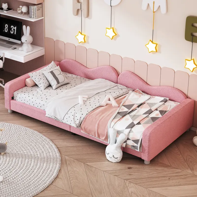 [Bellemave]Full size Upholstered Daybed, Sherpa Fabric Sofabed with Cloud-Shaped Backrest, No Box-spring Needed, Pink