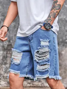 Men's Summer New Large Ripped Denim Jean Shorts, High Street Trendy Faded Design, Loose Straight Leg Pants, Casual Street Style, Streetwear