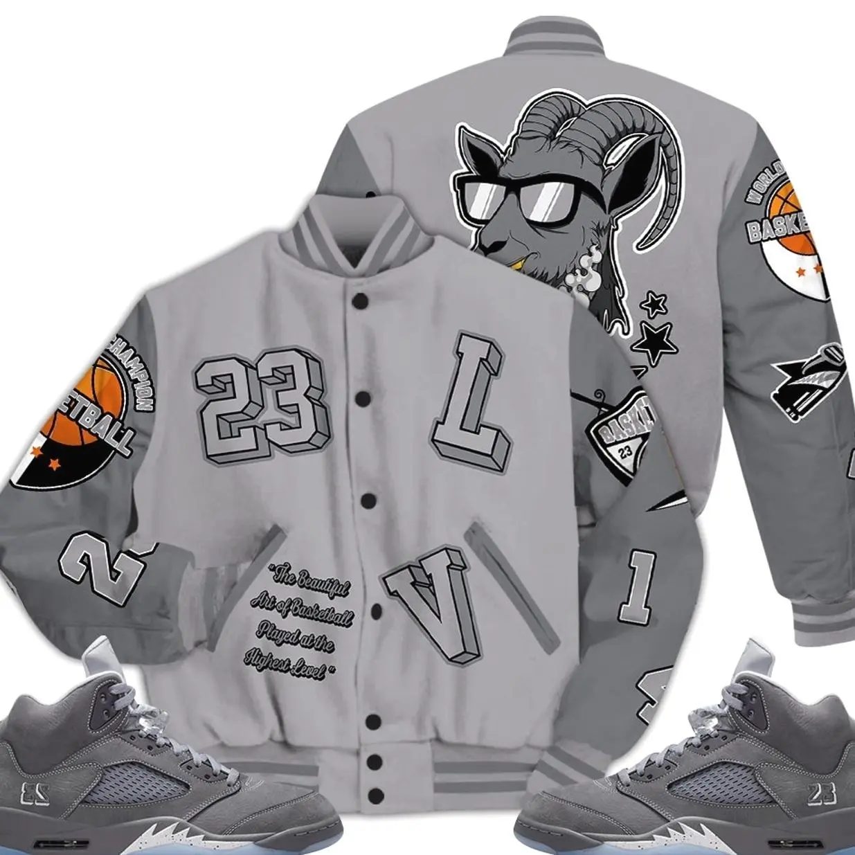 5 Wolf Grey Varsity Jacket, Retro Wolf Grey 5s Outfits, AIR Number