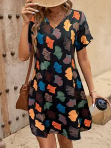 Summer Fashion Dress, Casual Comfort Leaf Print V Neck Short Sleeve Dress, Trendy Women's Summer Dress, Vacation Style