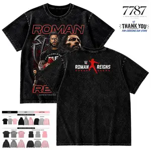 7787 Clothing Menswear Roman Reigns Tribal Chief Wrestling Graphic Washed T-Shirt Vintage Streetwear Casual Apparel