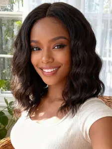 Dark Brown Bob Wig 12 Inches Short Wave 13x4x1 T Part Synthetic Lace Front Curly Wave Bob Wig for Women Heat Resistant Daily Wear