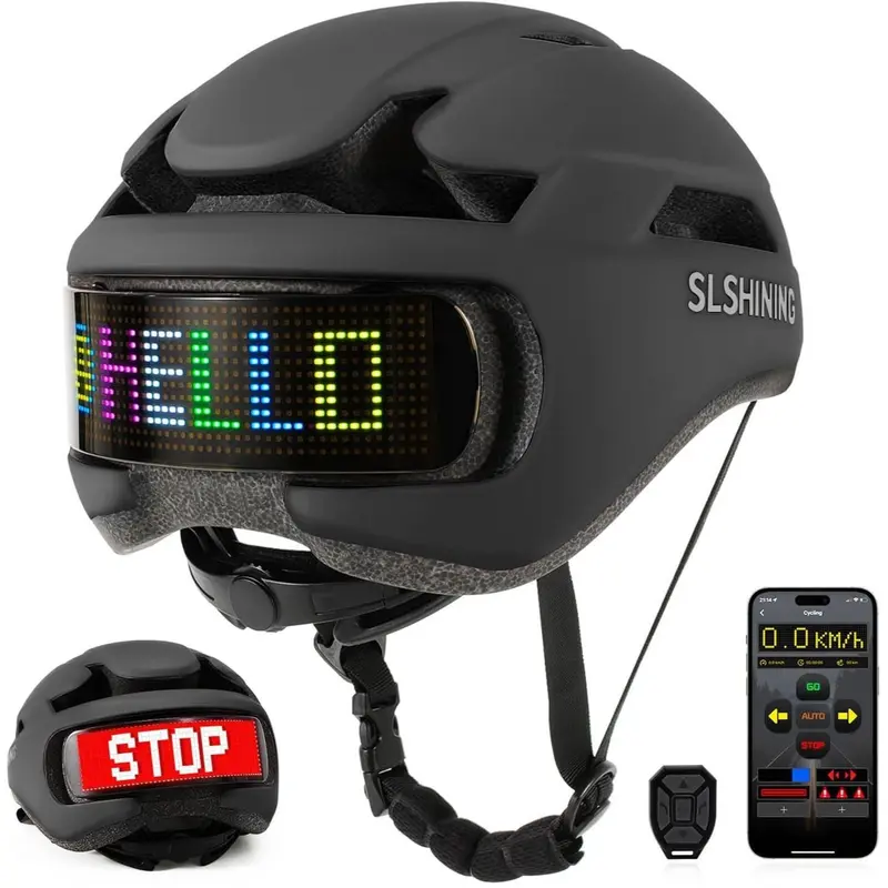 SLSHINING CPSC Certified LED Smart Cycling Helmet - Remotely Controlled LED Lights, Brake Status Shown, Rain-proof LEDs, Sweatwicking Liner, Ventilation, All-Season Thermal Protection, Durable Sports Accessory