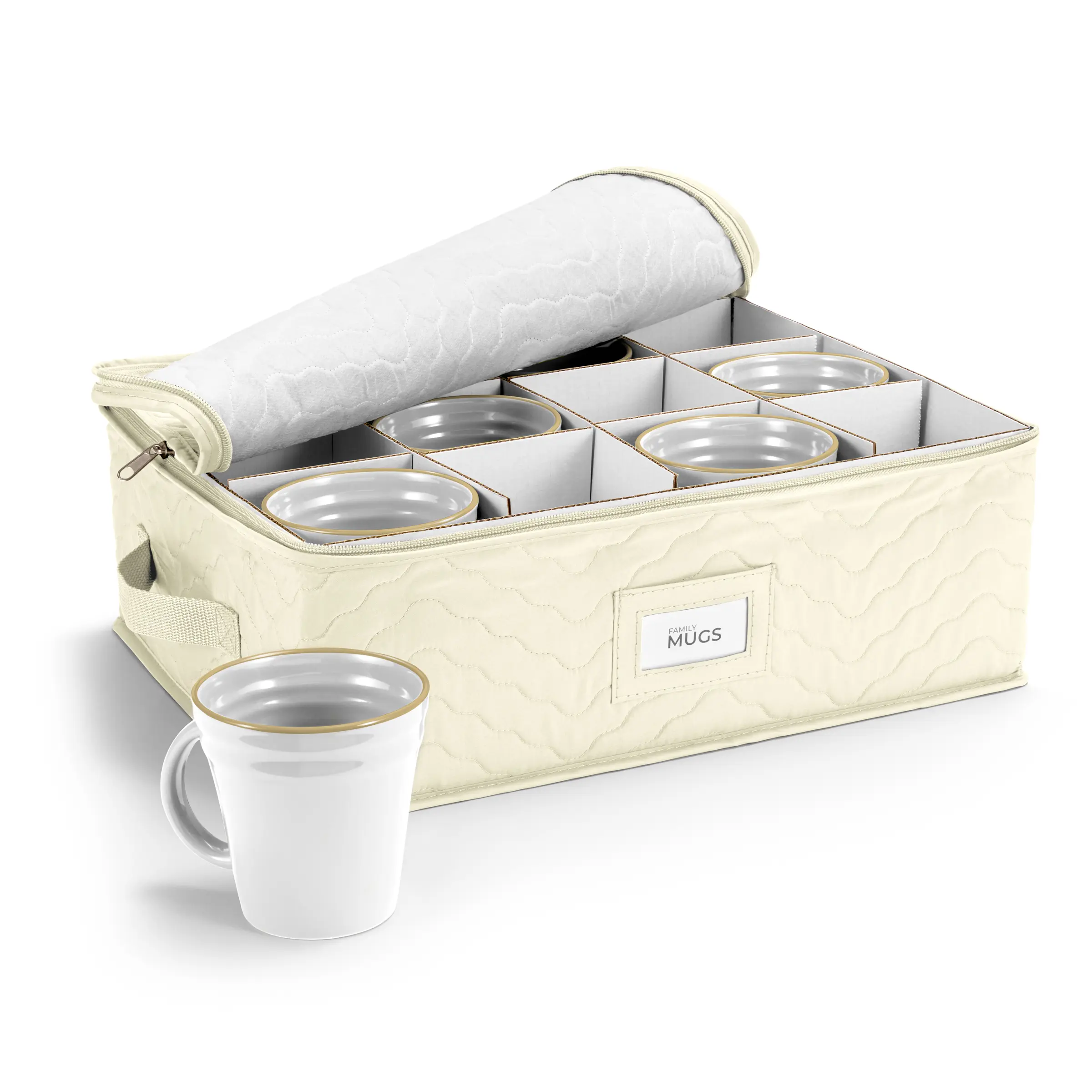 Sorbus Quilted Mug Organizer Storage Case - 12-Mug Home Organizer Box with Protector Inserts, Expandable Design, Label Windows, Handles, Dividers for Cabinet Glassware Space Saver Storage, Stackable Storage Boxes