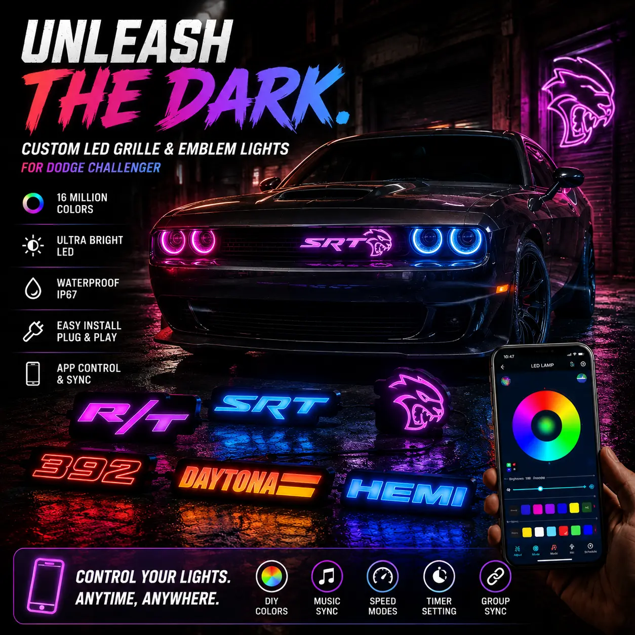 RGB LED Grille Badge Compatible with SRT Hellcat Scat Pack, Fits Dodge Charger Challenger Durango Jeep Grand Cherokee Ram