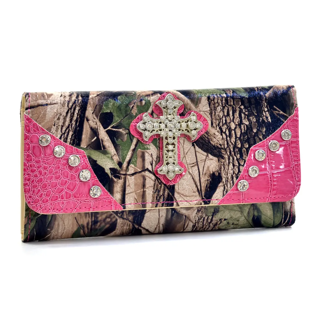 Women's Western Camo Wallet, Faux Leather Trifold Organizer with Rhinestone Cross Accent, Pink Trim, and 12 Card Slots, Artificial Leather Women's Wallets, Everyday Carry, Camouflage, Camo Print, Magnetic Snap