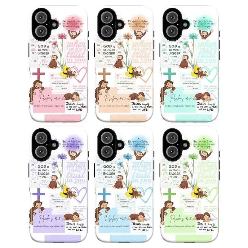 Durable Christian Curious George Cellphone Case - Bible Verse Design with Monkey, Cross, Flowers, Psalm 46:5 Inspirational Rubber & Polycarbonate Casing, Wireless-Friendly, Protective Faith Gift for iPhone 11-17 Pro Max, iPhone 15, Samsung 21-25