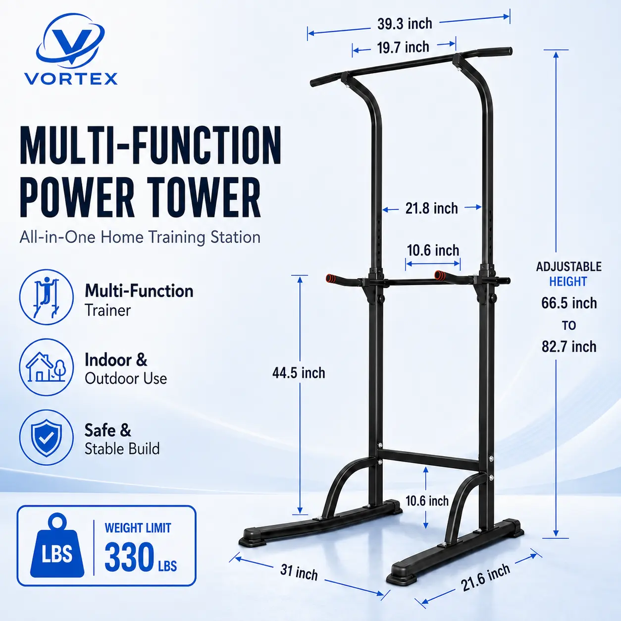 Freestanding Dip Station Fitness Tower, Height Adjustable Heavy-Duty Steel Calisthenics Workout Equipment with 330 LBS Capacity, Home Workout Equipment, Adjustable Pull Up, Power Tower Machine, Exercise Equipment