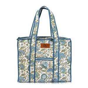 Ridhi Asparagus Green Cotton Block Printed Zipper 17.7x14.6x6.7 Tote Bag with Handle, 1 Outer And Inner Pocket, Reusable Shopping Bag, Office Handbag, College Tote, Travel, Daily Use, Spring, Easter