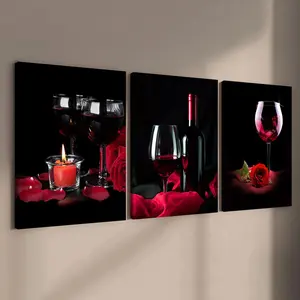 Wine Themed Canvas Painting, 3 Counts/set Romantic Wine Glass Pattern Vintage Wall Art, Art Wall Decoration, Wall Decor for Home Living Room Bedroom Office, Ornaments