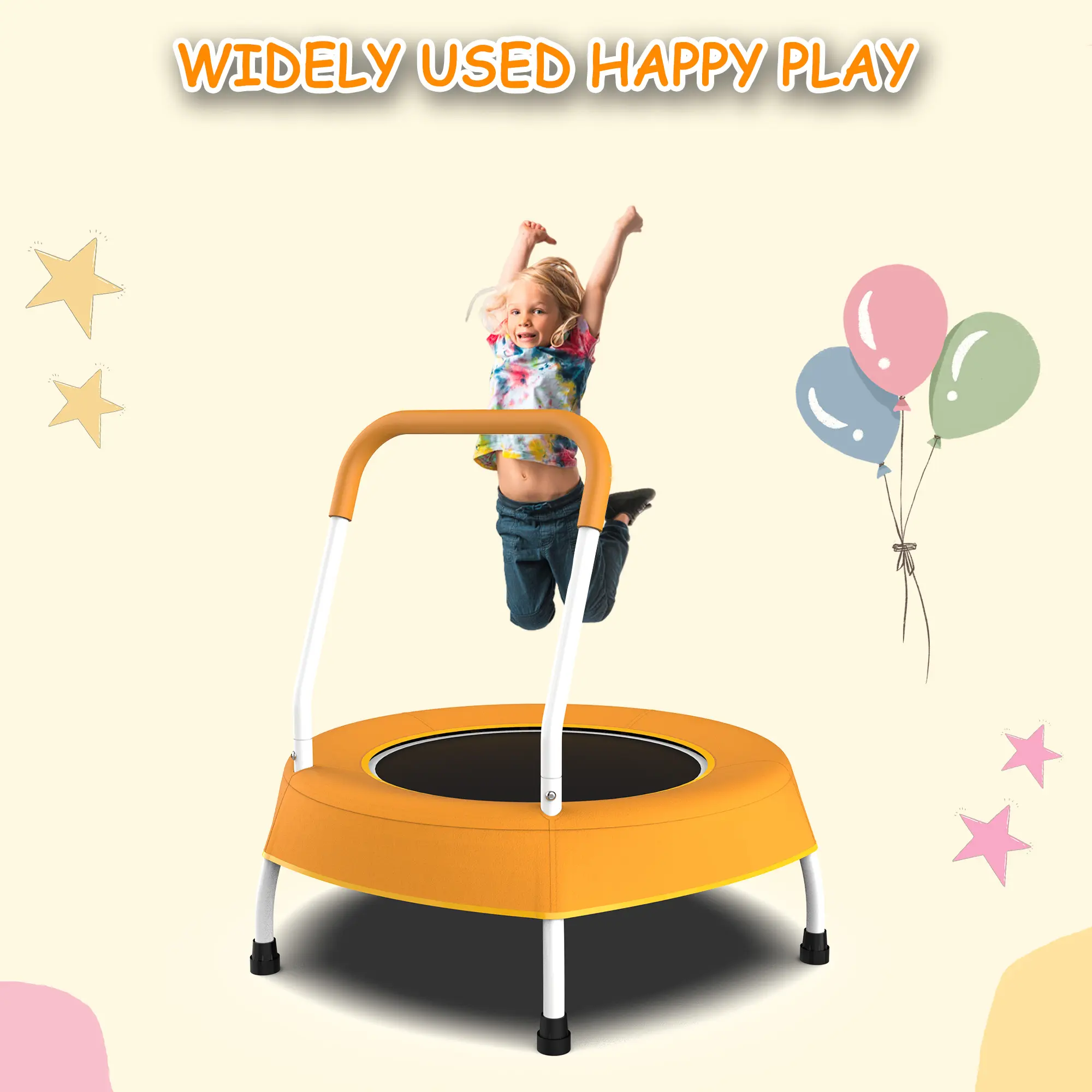 28" Kids Toddler Trampoline Kids  Trampolines with Handle Small Recreational Trampoline for Kids Ages 1+ Baby Jump Toys Gifts for Boys Girls Christmas Birthday, toddler trampoline ,Orange/Print Blue indoor, Indoor Fun, Metal Frame, Compact Mini
