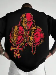 Men's Trendy Dark Pirate Punk Streetwear Sweatshirt, Loose Fit, Sewn Pirate Head Print, Bone Details, Soft Fabric, Casual Daily Wear