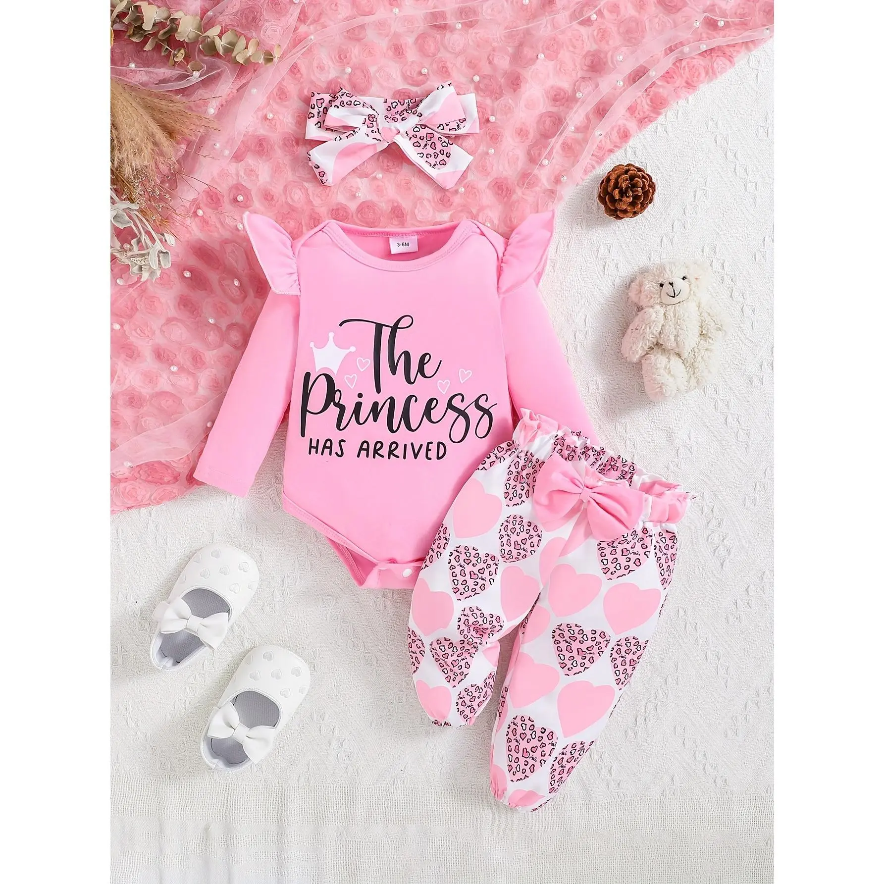 Baby Girl 3-Piece Princess Outfit Set - Ruffle Long Sleeve Romper, Heart Print Pants & Headband, Polyester Knit, Spring/Fall Valentine's Day Gift, Kids' Fashion Clothing, Three-Pieces