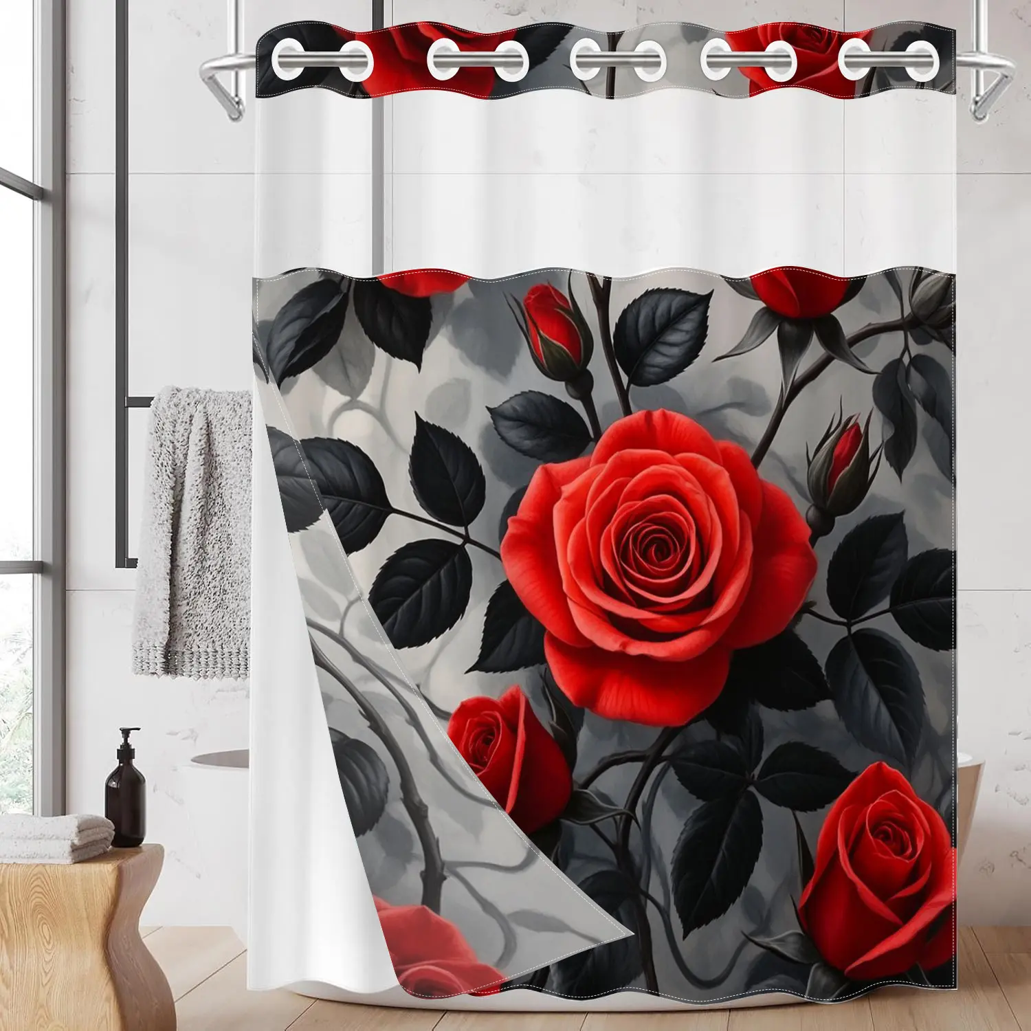 1pc 2D Flat Printing hookless Bathroom Shower Curtain liner Red Roses with Black Leaves Fabric waterproof lining shower curtain with transparent window, double-layer shower curtain, Printed shower curtain, 71 x 74 inches, home decoration