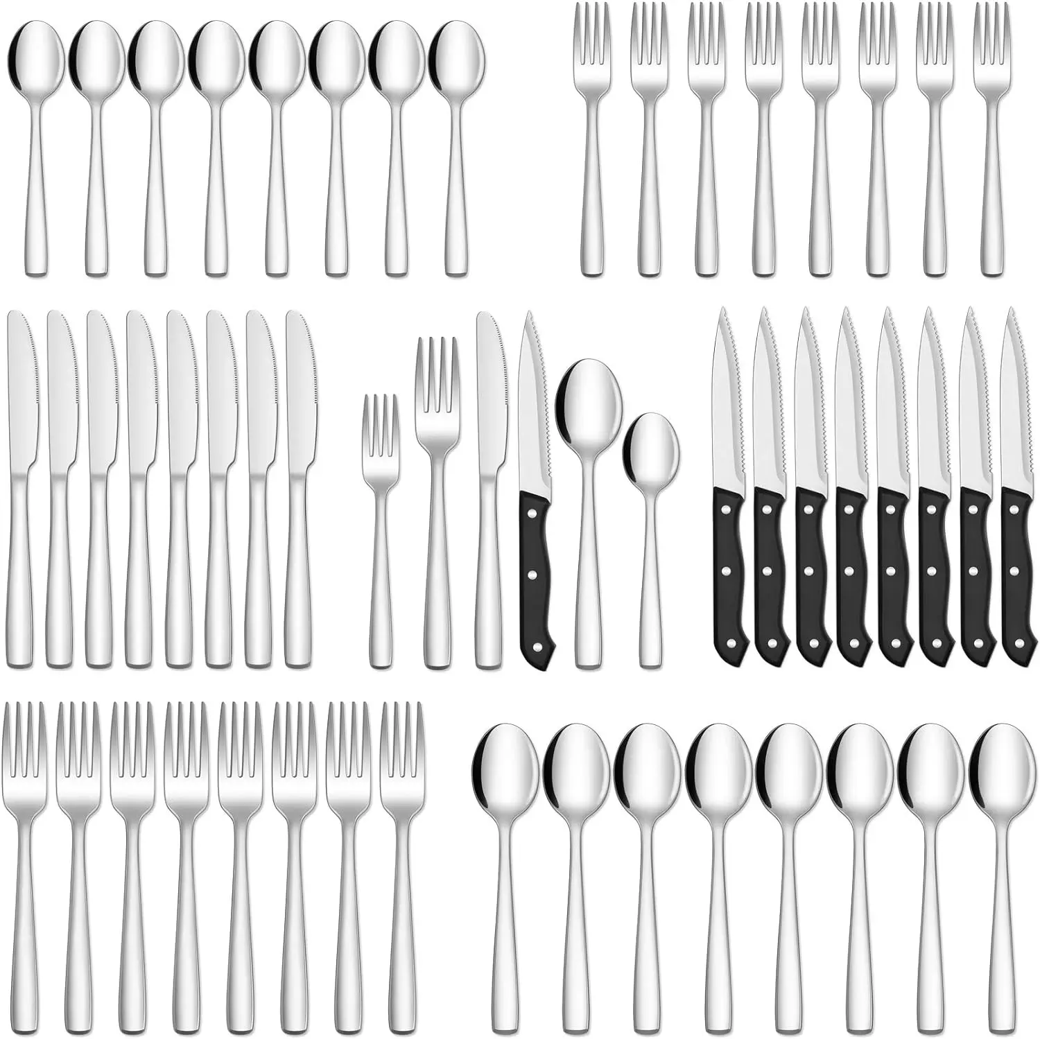 24/48-Piece Silverware Set with Steak Knives for 8, Stainless Steel Flatware Cutlery Set, Kitchen Utensils Set, Mirror Polish Tableware Multicolor Dinnerware Service Set Plates Bowls Sets