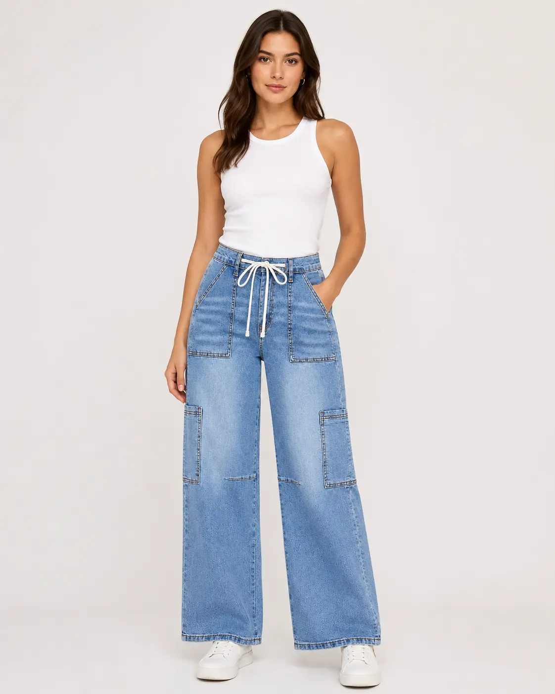 Clean Girl Aesthetic | High Waisted Wide Leg Jeans (Comfy Drawstring Waist Relaxed Cargo Denim Trousers) ️