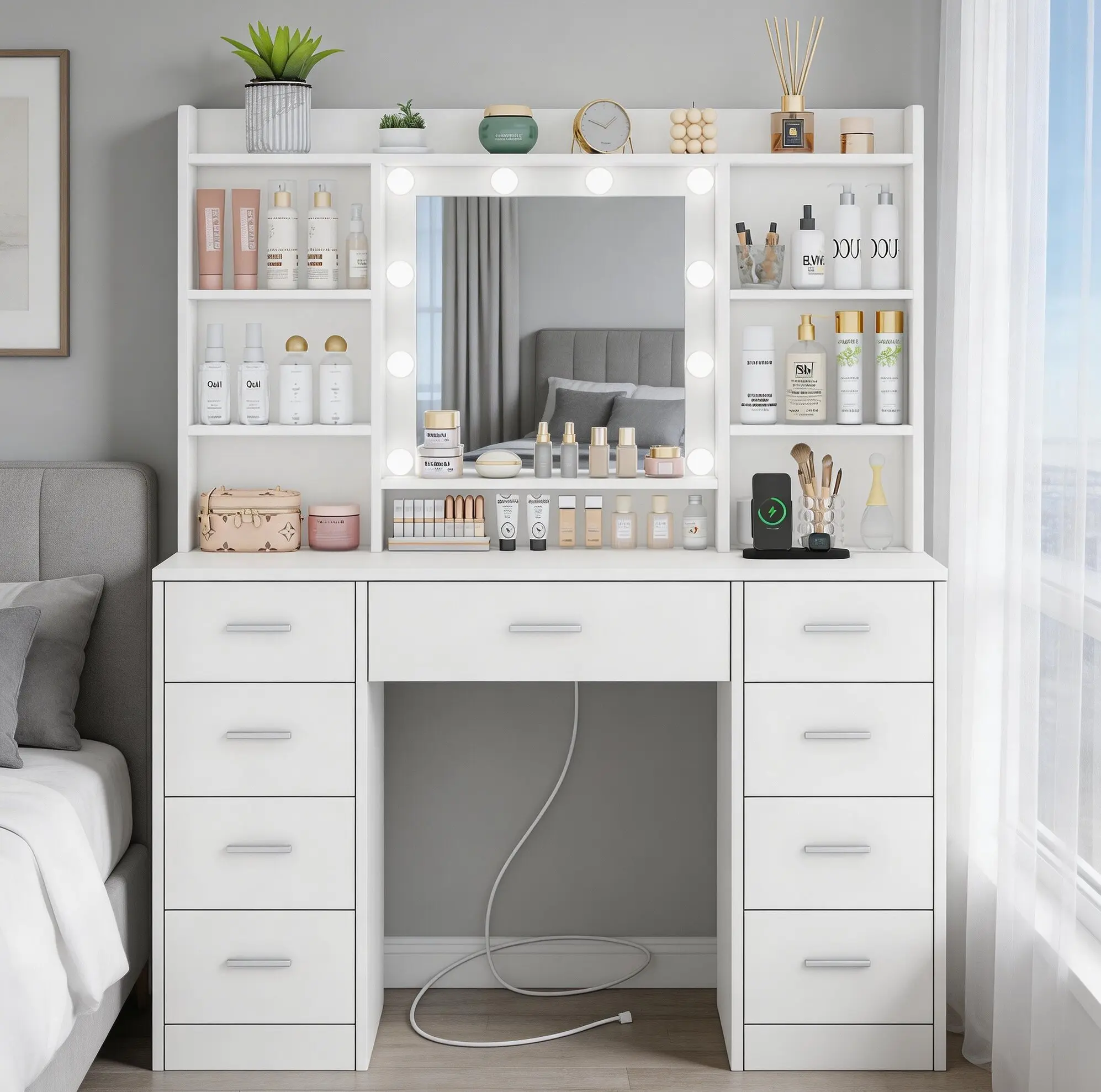 Morden Vanity Desk with Mirror and Lights, Power Outlet, Makeup Vanity with 9 Drawers & 6 Open Storage Shelves, 3 Lighting Modes Vanity for Bedroom, White