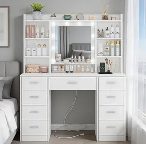 Morden Vanity Desk with Mirror and Lights, Power Outlet, Makeup Vanity with 9 Drawers & 6 Open Storage Shelves, 3 Lighting Modes Vanity for Bedroom, White