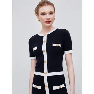 Cider [size 2-10] Knitted Round Neck Contrasting Binding Short Sleeve Top