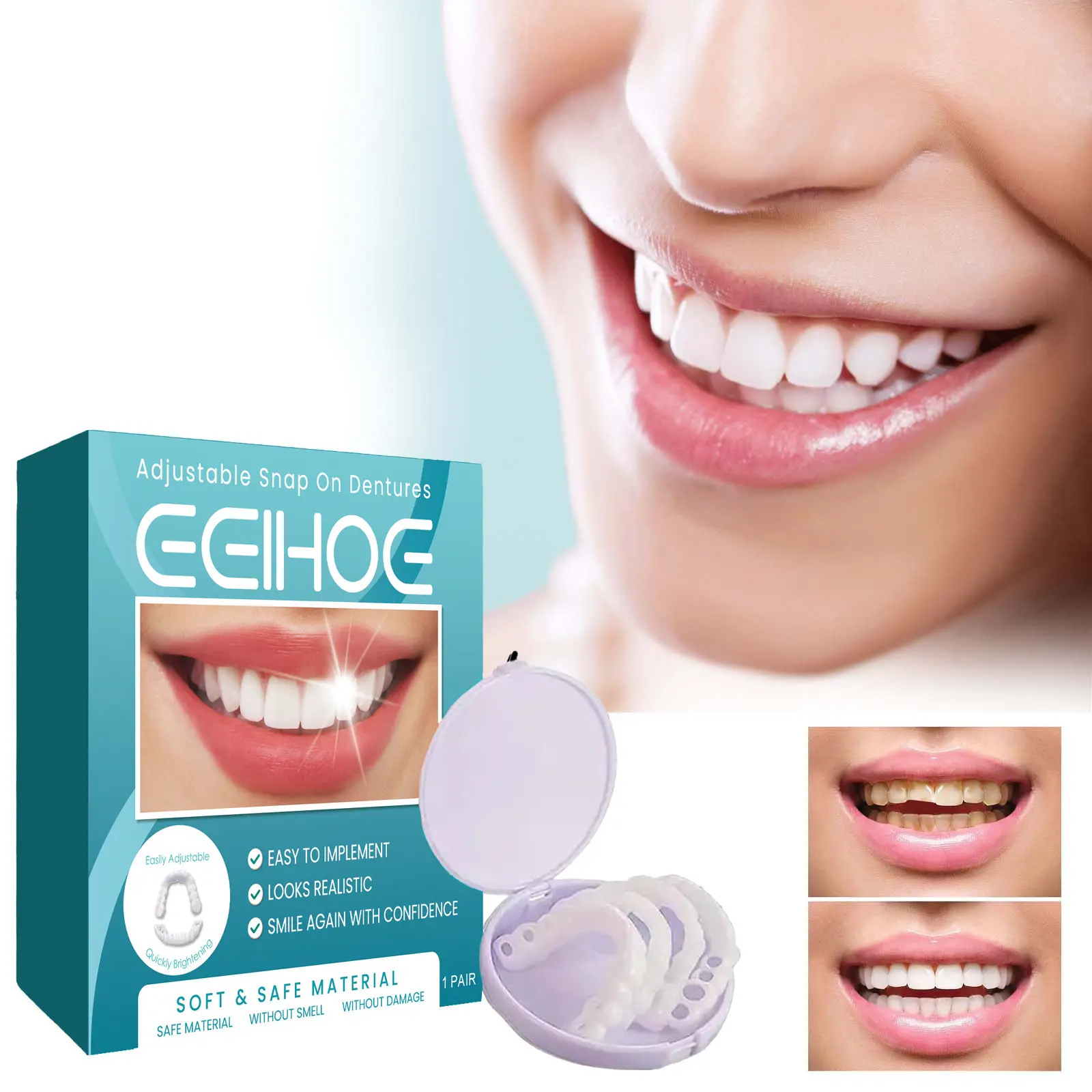 Adjustable snap-on dentures, temporary tooth repair braces, gap filling and teeth correction denture kit