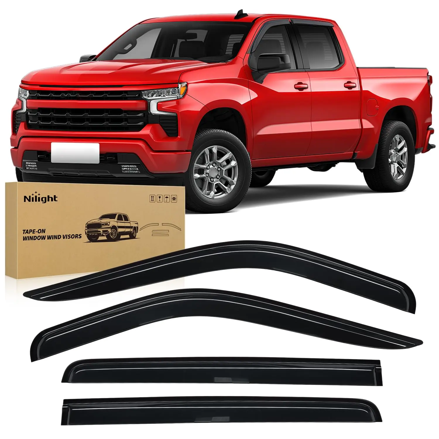 Nilight 4pcs Tape-On Window Wind Visors - Heat Bonded Acrylic Rain Guards, Truck Accessories for Chevy Silverado 1500, GMC Sierra 1500 Crew Cab 2019-2024, No Assembly Required, Wind Noise Reduction, Fog Prevention, Mirror Fog Prevention, None, Prevents Mi