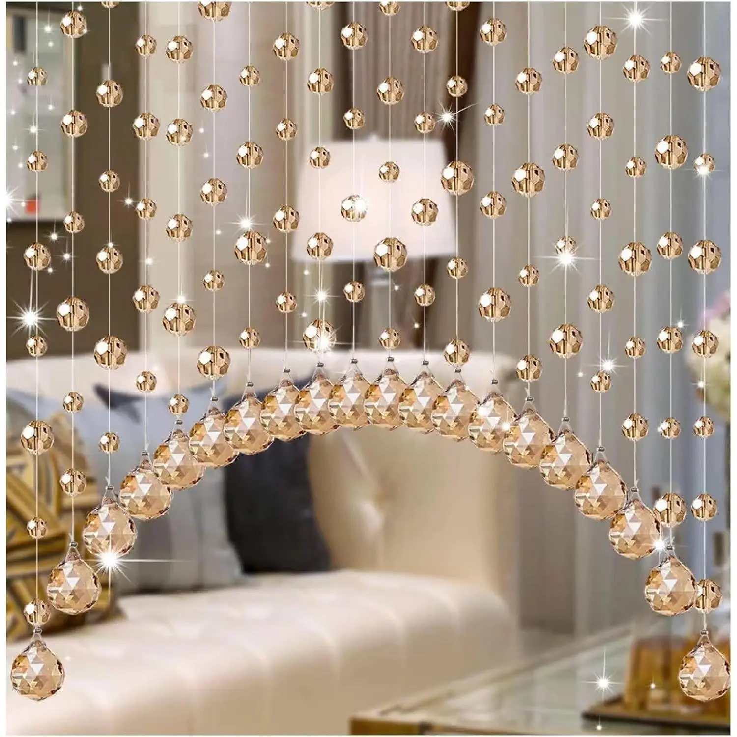 20 Strings  Beaded Curtain, Arched Door String Curtain, Hanging Doorway Room Divider Suitable for Home, Coffee House, Bedroom, Restaurant. (Chamgagne)