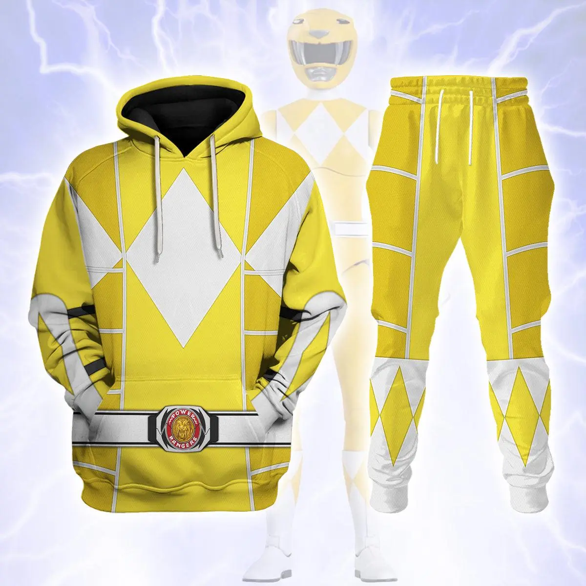 Yellow Hero Hoodie and Jogger Set, Diamond Armor Graphic Tracksuit, Retro Superhero Costume Inspired Matching Two Piece Outfit