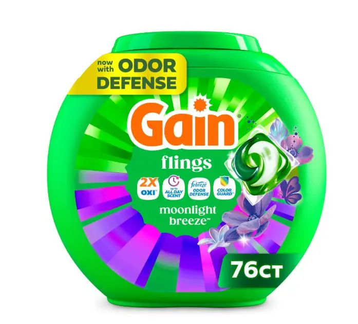 Gain Flings Laundry Detergent Soap Pacs, 4-in-1 Oxi Boost and Febreze, Moonlight Breeze Scent, 76 Count