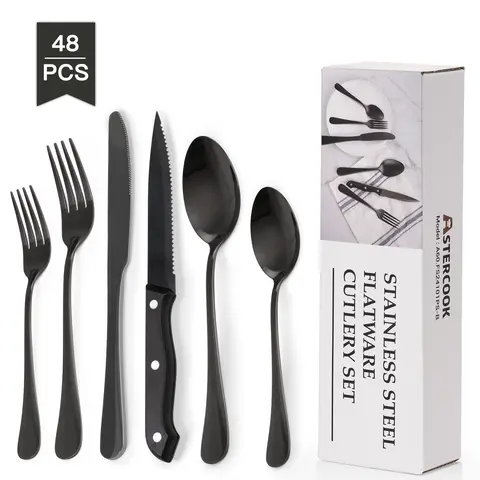 Astercook 24pcs/set Multi-Size Stainless Steel Cutlery Set with Steak Knives, Spoon-Fork-Knife Utensils, Dishwasher-Safe Dinnerware for Above 11 People, Everyday Kitchen Dishware for Modern Home & Restaurant Use,familyfun