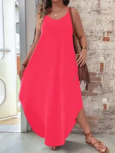 Women's Plus Size Cami Maxi Dress V-Neck Spaghetti Strap Asymmetrical Curved Hem Flowy Slip Dresses Feminine Casual Summer Vacation Bohemian Beach Outfits Loose Fit Spring Womenswear