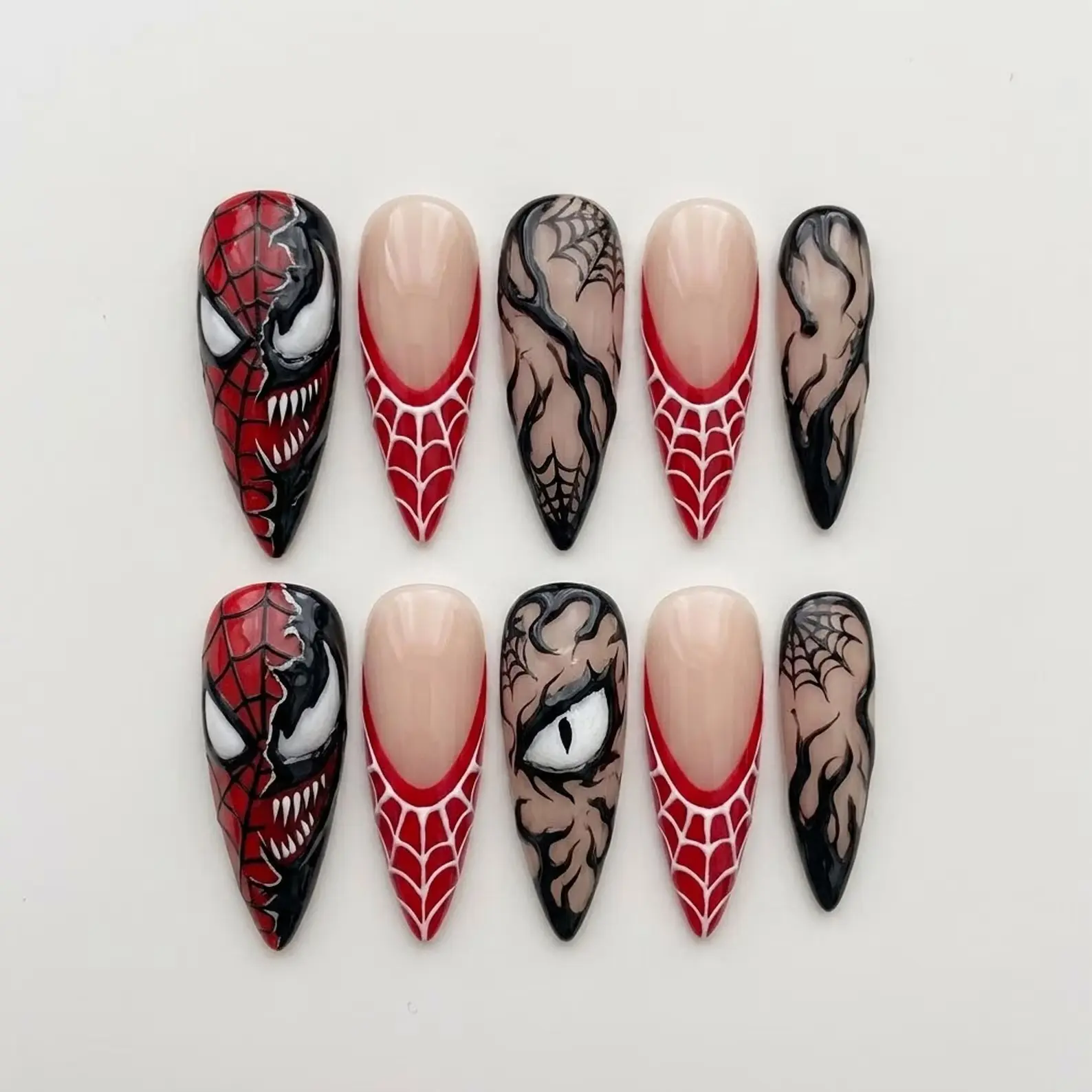 Handmade Gothic Spider Press On Nails | Luxury Web Pattern Red Black Art | Statement Custom Nails Set