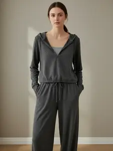 Women's Solid Fitted Long Sleeve Hooded Top & Wide Leg Pants & Cami Top Set, Spring Casual Fashion Cozy Breathable Everyday Three-piece Basic Outfits for Daily Outdoor Wear, Ladies Clothes, Womenswear