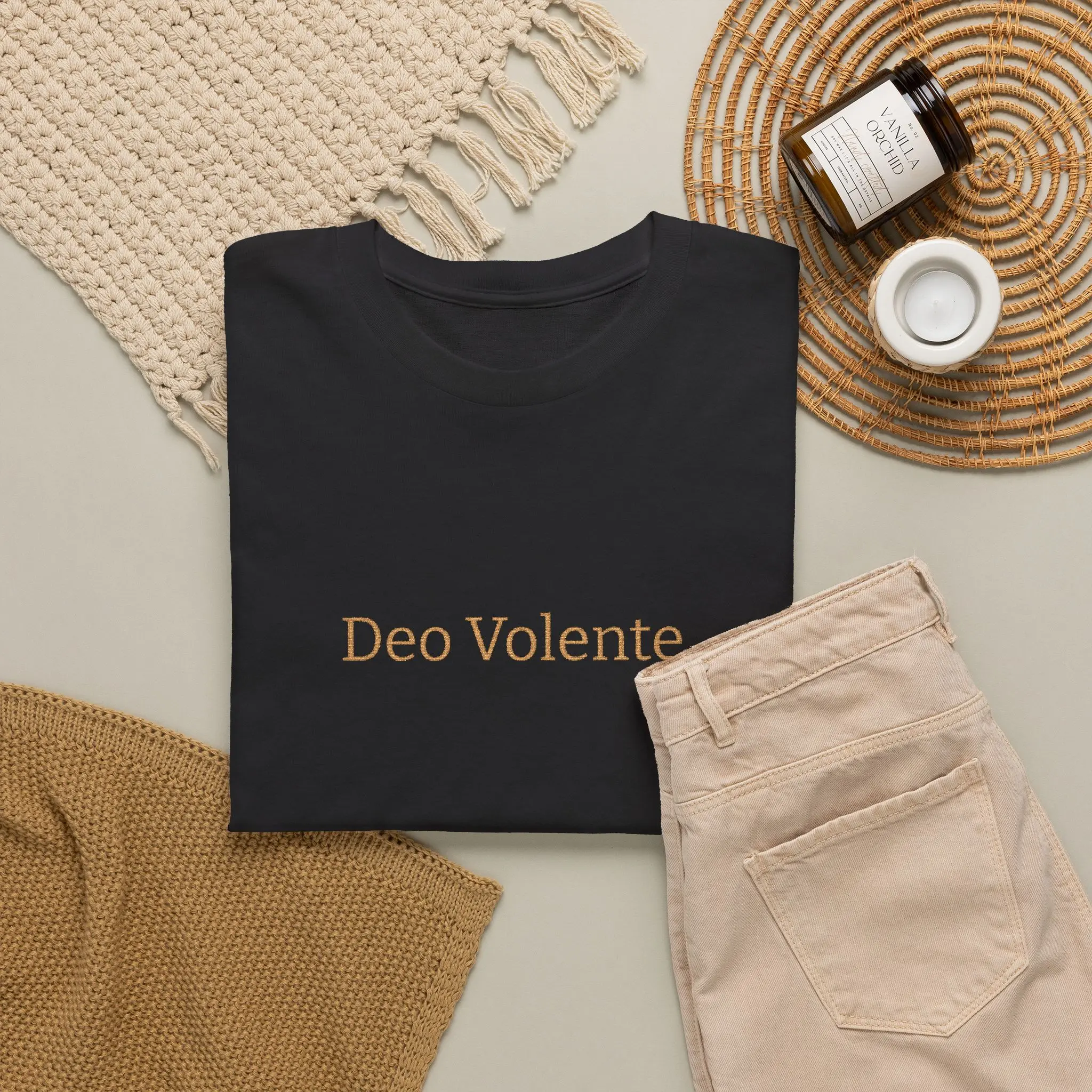 Deo Volente Embroidered Tee — Minimalist Latin Phrase Shirt | Catholic Faith Apparel