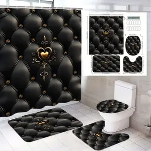 4pcs Luxurious Black Tufted Faux Leather 5-Piece Bathroom Decor Set with Ornate Gold Heart and Baroque Scrollwork Accents - Elegant Shower Curtain, Stylish Bath Mat, Contoured Toilet Base Mat & Matching Lid Cover for a Modern Holiday Refresh