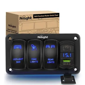 Nilight 3-Gang 5-Pin ON/OFF Rocker Switch Panel with Blue LED Lights, LED Display, PD Type-C & USB Dual Charging Port, 12v/24v Input Voltmeter for Vehicle Exterior Lighting