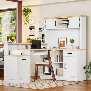 [Bellemave]L-Shaped Computer Desk with outlet, Drawers, Bookshelf, Modern Corner Desk, L-Shaped Study Table Writing Desk,Corner Gaming Computer Desk with Storage,White
