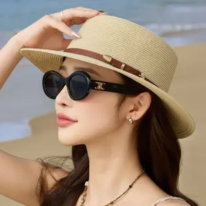 Summer women's sun hat, sun protection, raffia straw hat, elegant flat-top hat, seaside beach wide-brim sun hats
