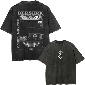 Men's Berserk Guts Printed Washed Short-Sleeve Vintage Casual Distressed T-Shirt 106, Menswear Casual Top, Shortsleeve, Tshirt
