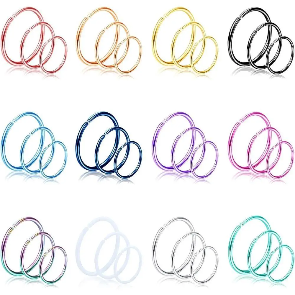 FLORIDECO 36Pcs Surgical Steel Nose Ring Hoop For Women 20 Gauge Nose Piercing Jewelry Septum Ring Cartilage Helix Piercing 6-12mm Daily