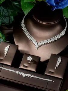 Women's Elegant Rhinestone Decorated Jewelry Set, Exquisite Trendy Necklace & Earrings & Ring & Bracelet, Chic Jewelry Set for Party & Wedding