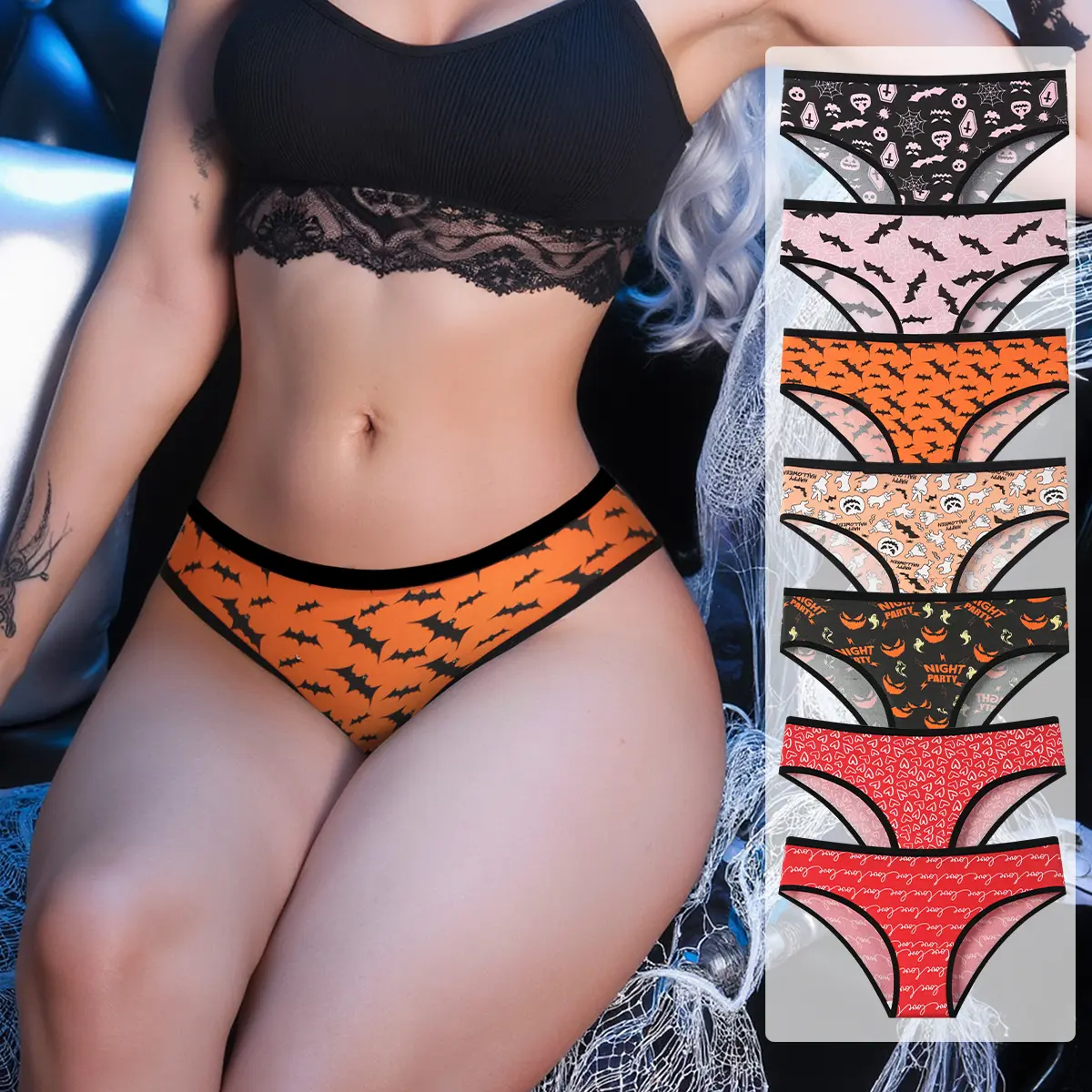 Hotcom Women's Plus Size 7pcs Gothic Halloween Contrast Hipster Panties - Lady-Fit Goth Clothes, Allove Print Comfy Style Intimates Briefs, Mixed Color Everyday Wear Underwear & Lingerie summerwins
