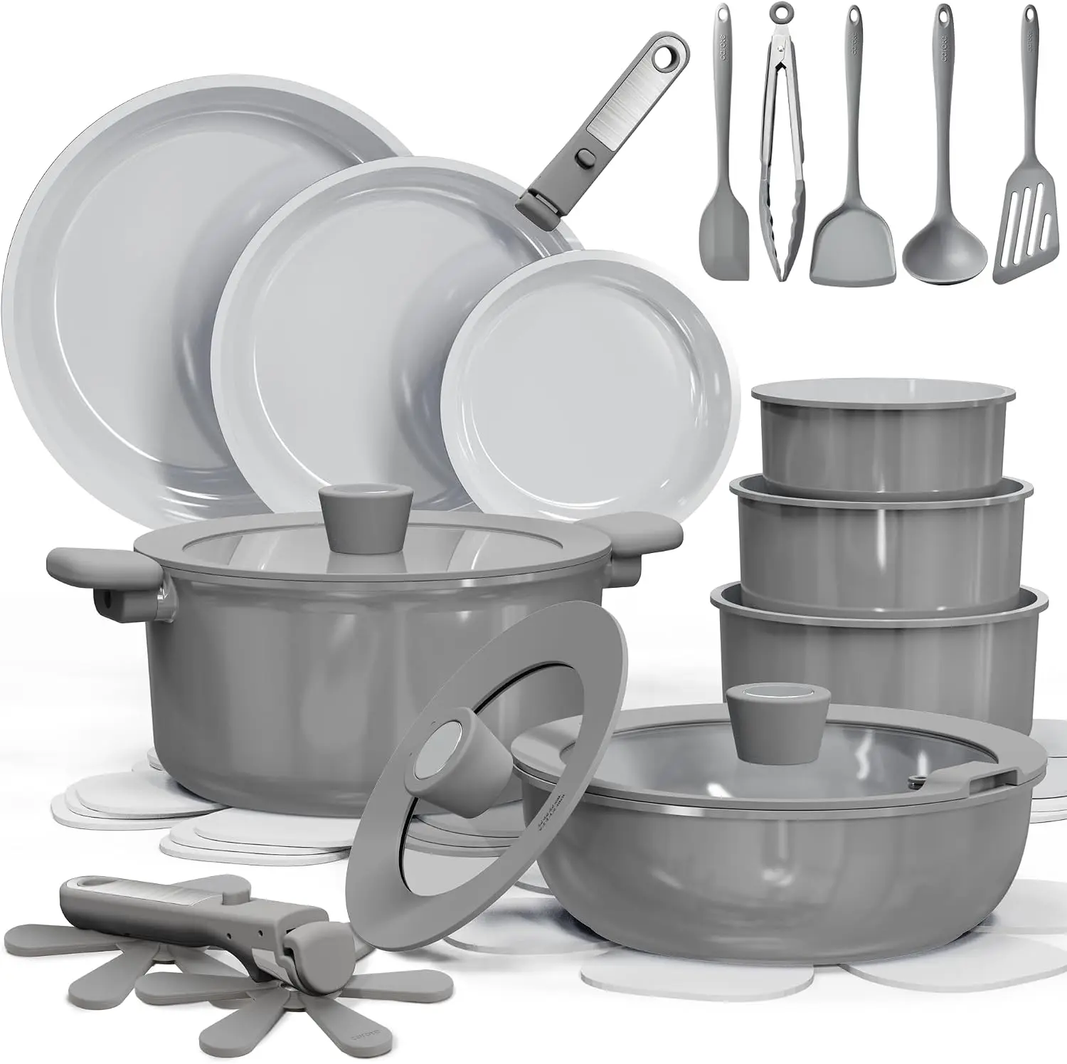 27pcs Gray Nonstick Ceramic Cookware Set with Detachable Handle - Pots and Pans Set, Non-Toxic, PFAS & PFOA Free, Induction Compatible, Dishwasher & Oven Safe, Space Saving, for Camping Cooking