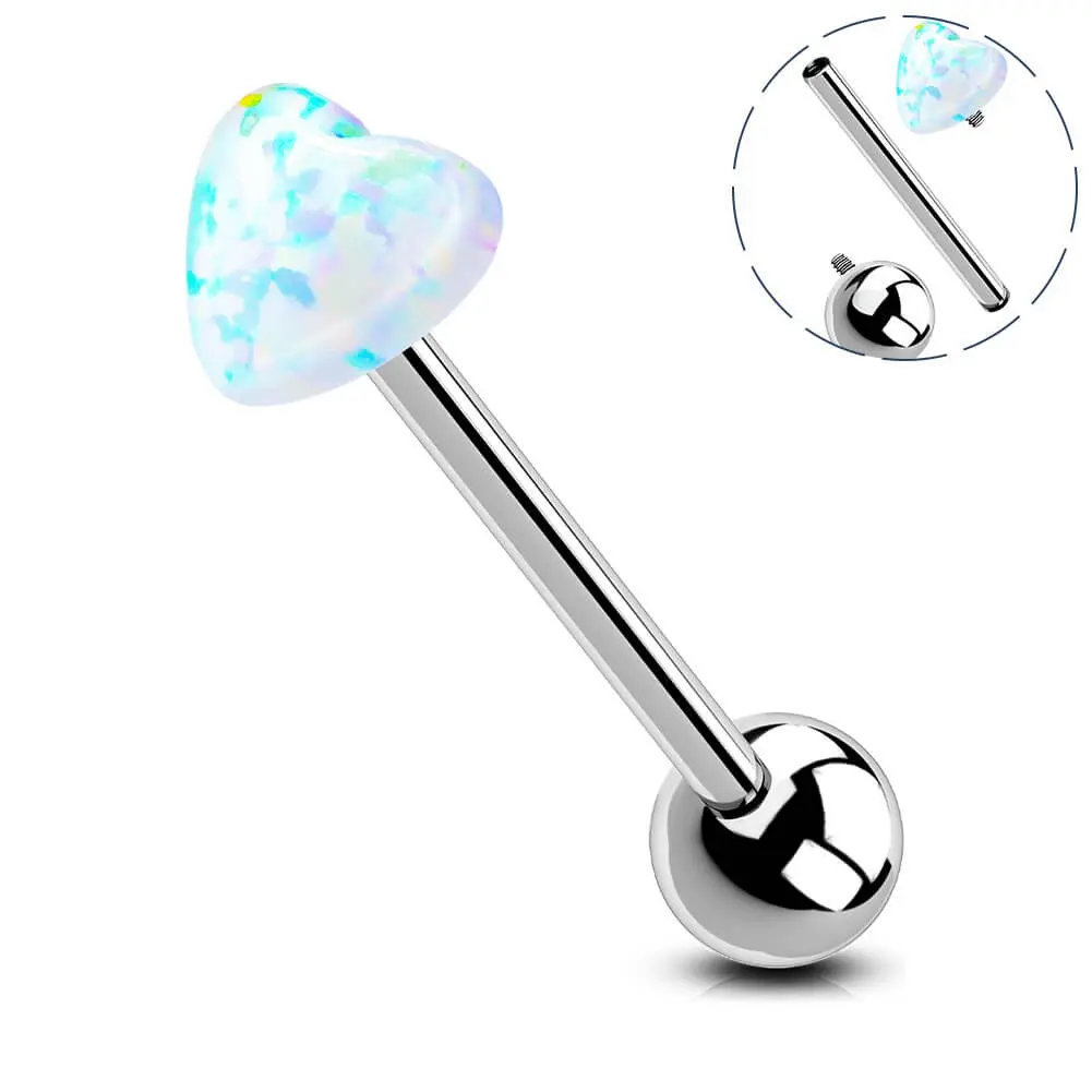 OUFER BODY JEWELRY 14G G23 Titanium Internally Threaded Unisex Heart Semiprecious White Opal Barbell - 16mm Length Daily Wear Tongue Ring, Jewelry for Women, Body Jewelry Accessory