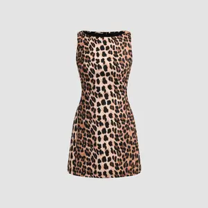 Cider Boat Neck Leopard Print Zipper Mini Dress