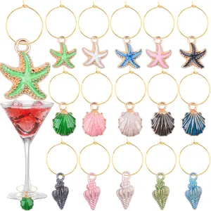 60pcs Ocean Theme Wine Glass Charms Colorful Enamel Starfish Sea Shell Conch Wineglass Rings Markers Earring Beading Hoops for Chritsmas Beach Wine Tasting Party Gifts