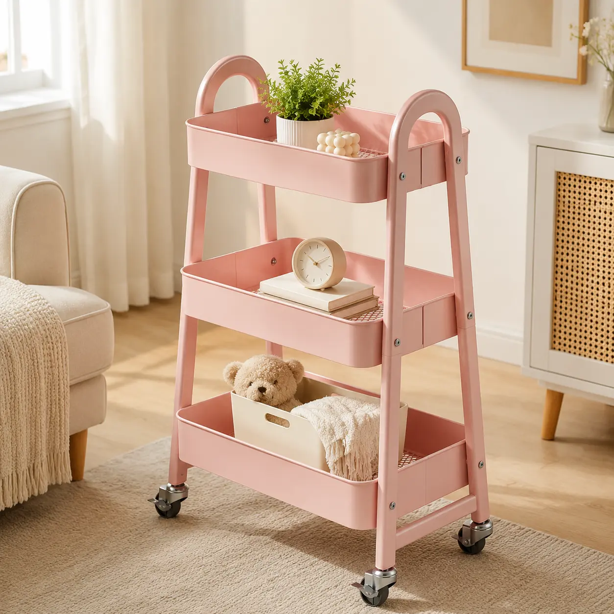 Rolling Utility Cart with Wheels – Pink Metal Storage Trolley for Kitchen, Bathroom & Bedside, Narrow Space Design with Smooth Casters