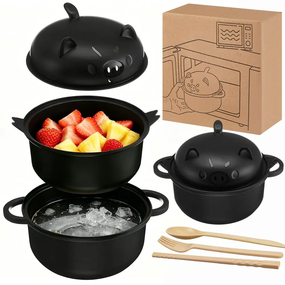 Sweet Wheat Straw College Must Have Ramen Bowl Kit, Large Cute Pig Microwavable Noodle Cooker Bowl with Strainer Lid Handle Utensils Dorm Home Present